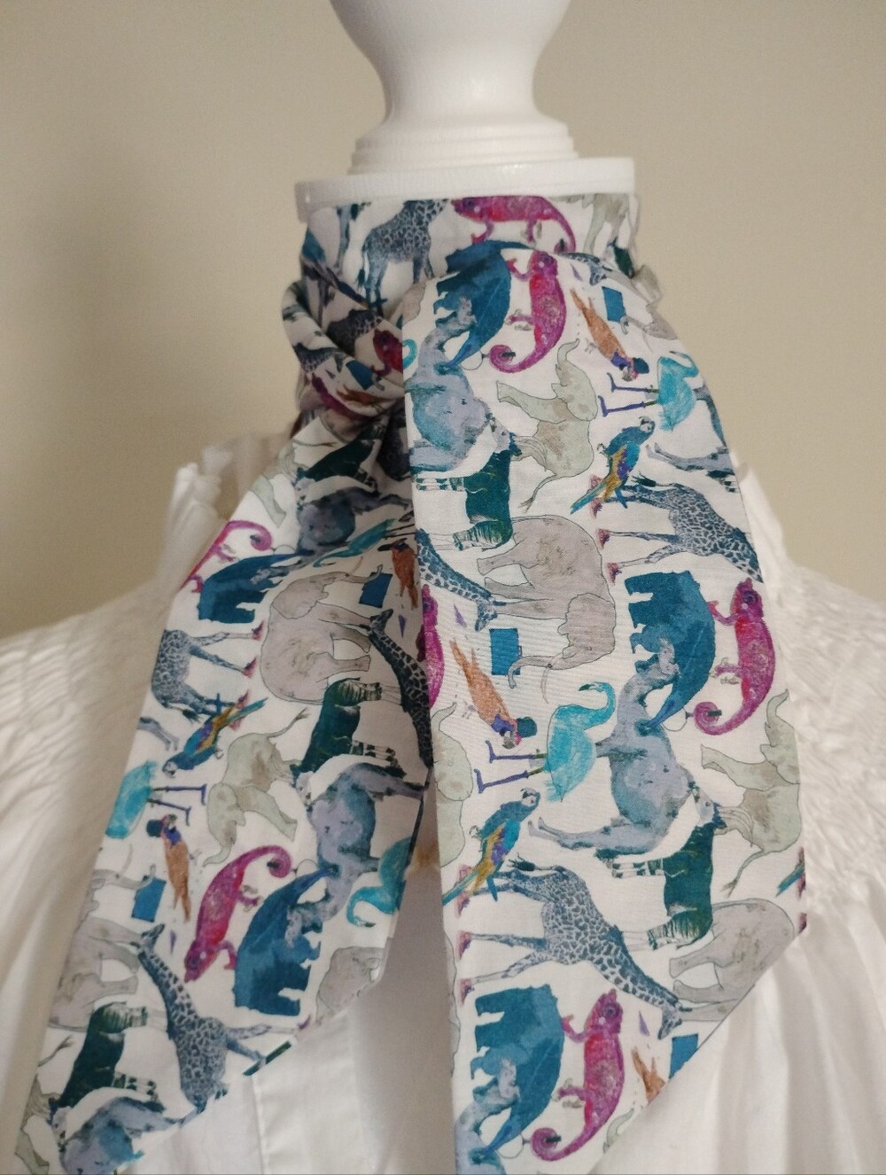 Liberty Art Fabric Skinny Scarf Queue The Zoo Blue Purple Animals Colorful Zebra